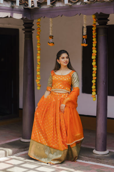 Sanam Orange Brocade Croptop with Skirt (Set of 3)