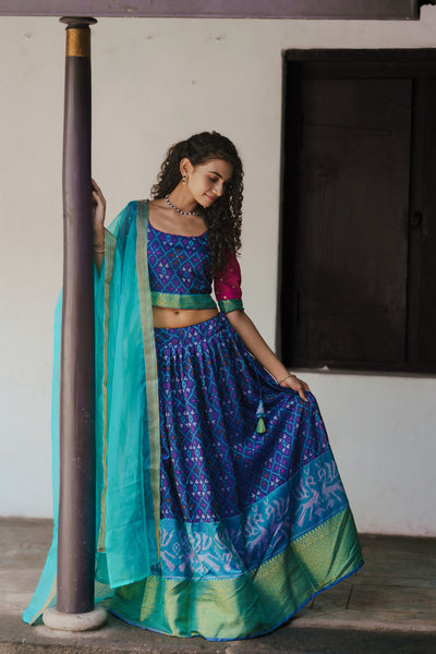 Harshini Blue with Magenta Croptop Skirt (Set of 3)