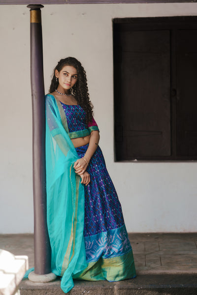 Harshini Blue with Magenta Croptop Skirt (Set of 3)