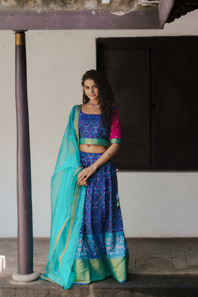 Harshini Blue with Magenta Croptop Skirt (Set of 3)