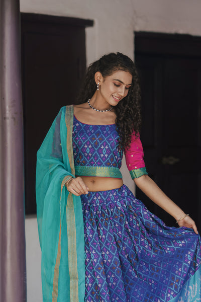 Harshini Blue with Magenta Croptop Skirt (Set of 3)