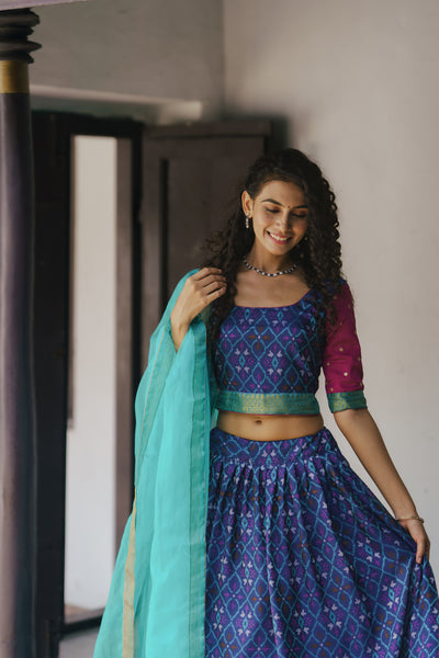 Harshini Blue with Magenta Croptop Skirt (Set of 3)
