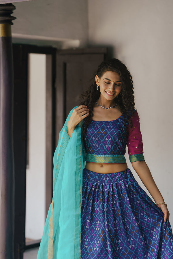 Harshini Blue with Magenta Croptop Skirt (Set of 3)