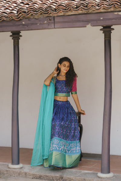 Harshini Blue with Magenta Croptop Skirt (Set of 3)
