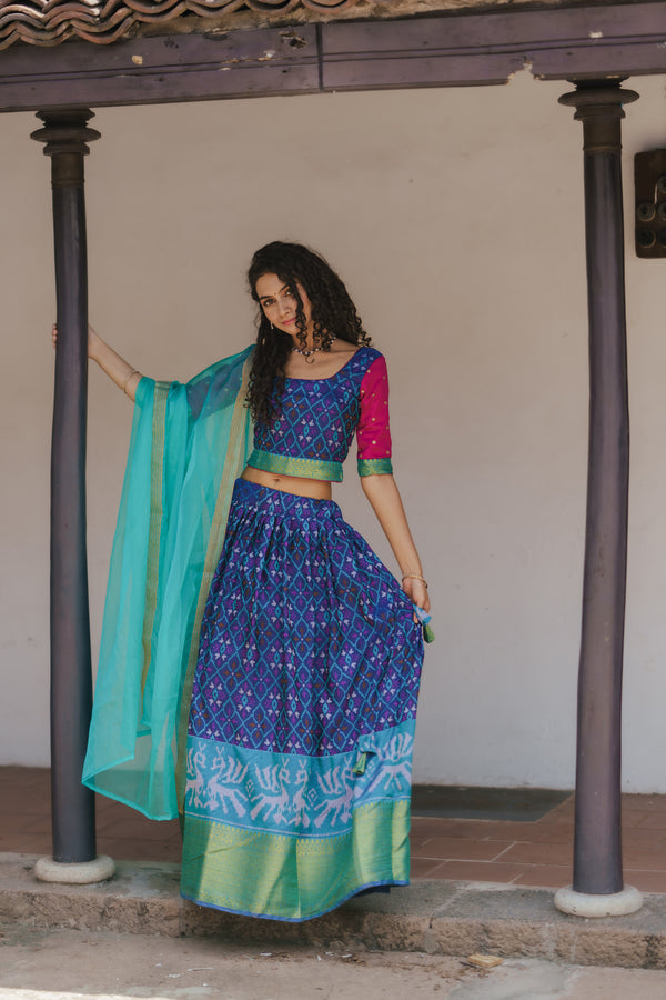 Harshini Blue with Magenta Croptop Skirt (Set of 3)