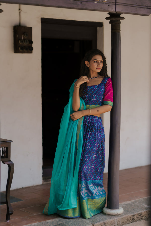 Harshini Blue with Magenta Croptop Skirt (Set of 3)