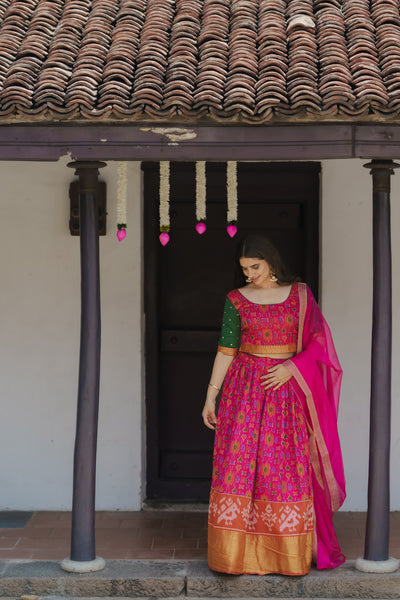 Harshini Pink with Green Croptop Skirt (Set of 3)