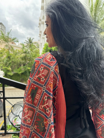 Dharvi Black With Maroon Patola Printed Chanderi Dupatta