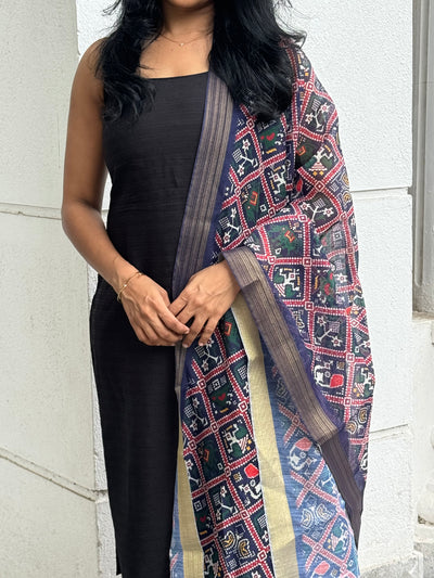 Dharvi Black With Blue Patola Printed Chanderi Dupatta