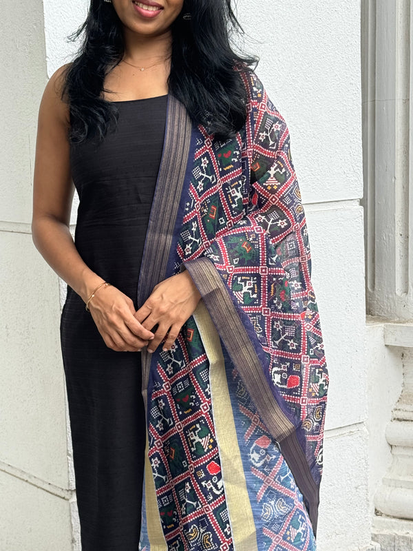 Dharvi Black With Blue Patola Printed Chanderi Dupatta
