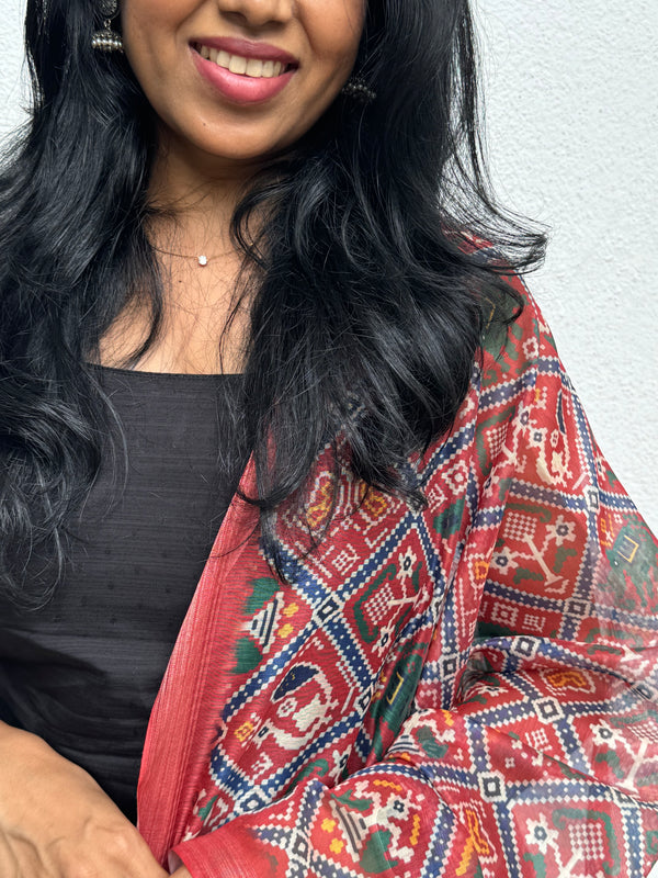 Dharvi Black With Maroon Patola Printed Chanderi Dupatta